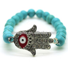 Turquoise 8MM Perles rondes Stretch Gemstone Bracelet avec Diamante Evil oeil au milieu